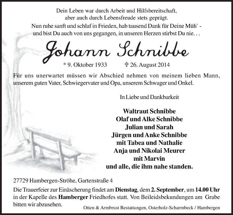 Traueranzeige von Johann Schnibbe von Osterholzer Kreisblatt