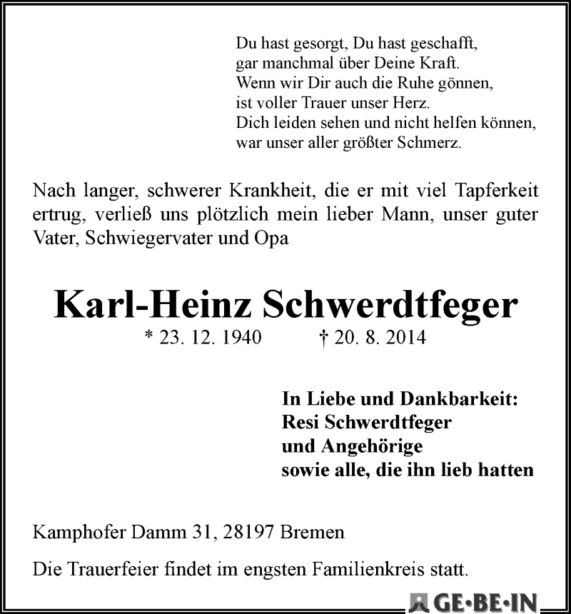 Traueranzeige von Karl-Heinz Schwerdtfeger von WESER-KURIER