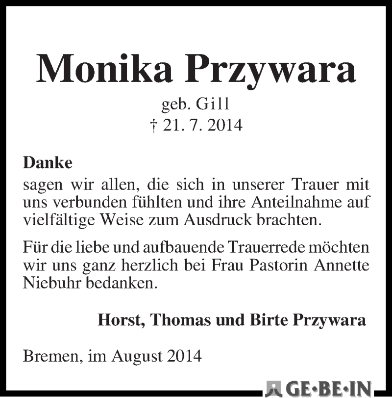 Traueranzeige von Monika Przywara von WESER-KURIER