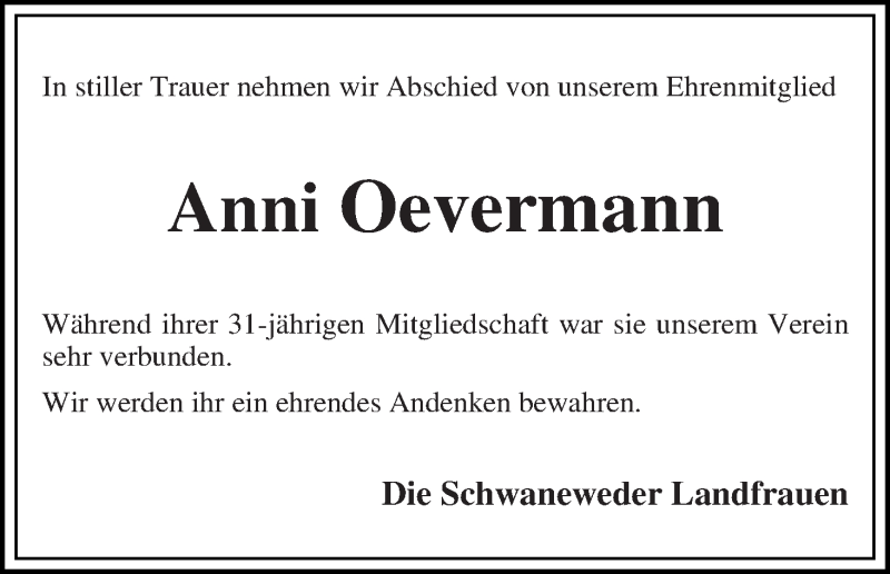 Traueranzeige von Anni Oevermann von Die Norddeutsche