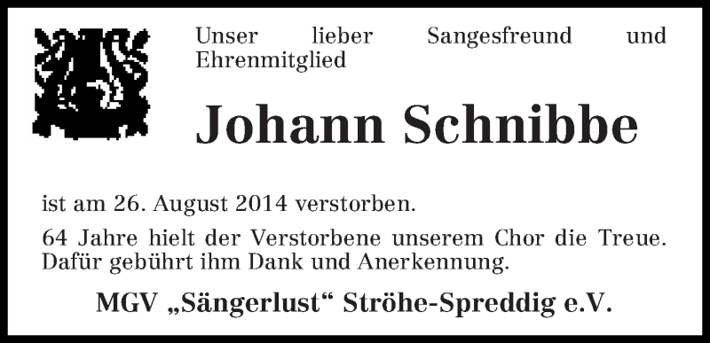 Traueranzeige von Johann Schnibbe von Osterholzer Kreisblatt