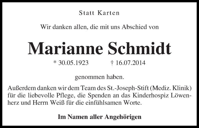 Traueranzeige von Marianne Schmidt von WESER-KURIER