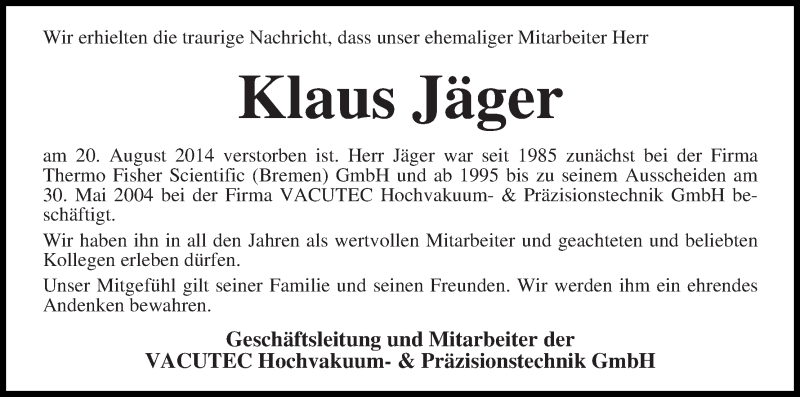 Traueranzeige von Klaus Jäger von WESER-KURIER