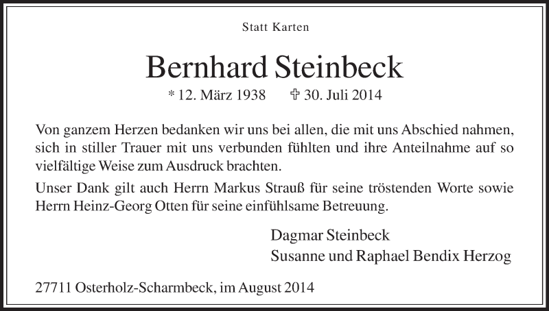 Traueranzeige von Bernhard Steinbeck von Osterholzer Kreisblatt