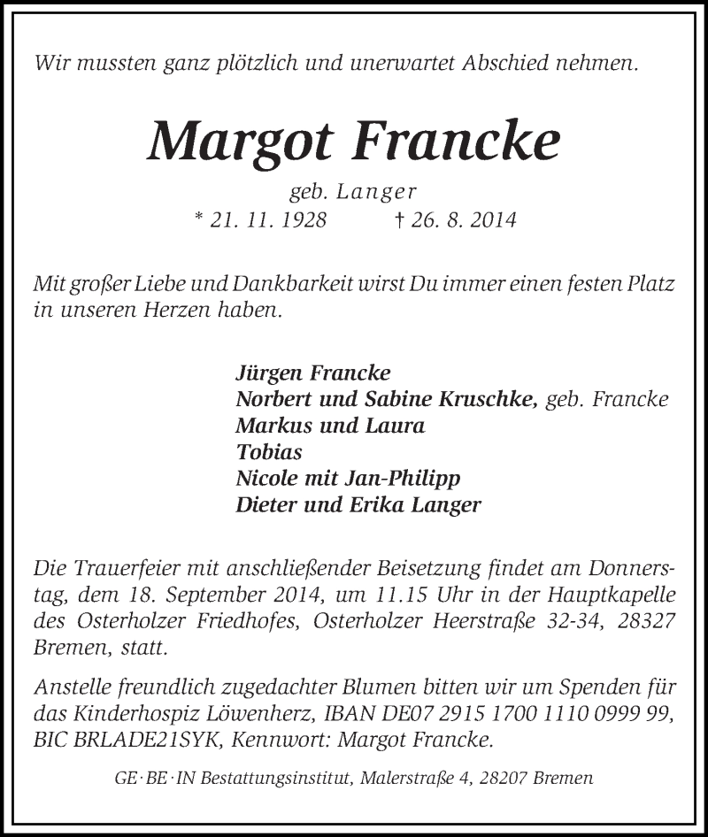 Traueranzeige von Margot Francke von WESER-KURIER