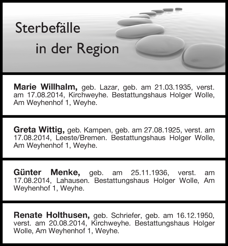 Traueranzeige von Sterbefälle vom 30.08.2014 von Regionale Rundschau/Syker Kurier