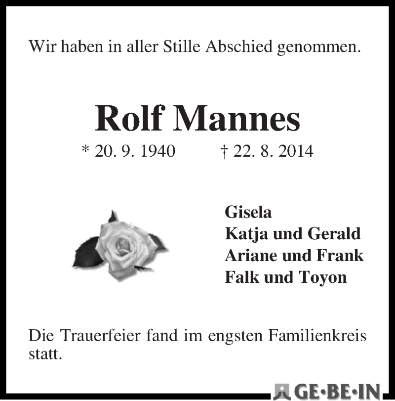 Traueranzeige von Rolf Mannes von WESER-KURIER
