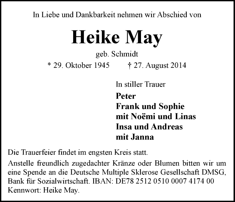 Traueranzeige von Heike May von WESER-KURIER