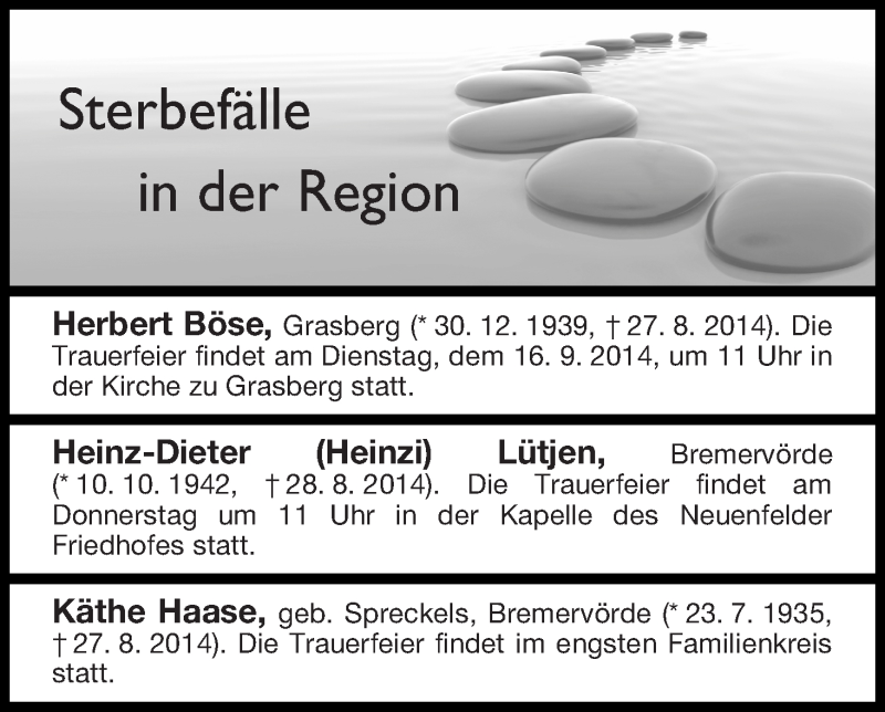 Traueranzeige von Sterbefälle in der Region Osterholz von Osterholzer Kreisblatt