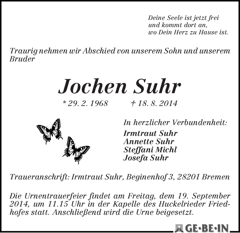 Traueranzeige von Jochen Suhr von WESER-KURIER