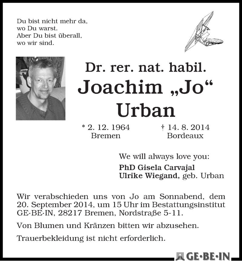 Traueranzeige von Joachim Urban von WESER-KURIER