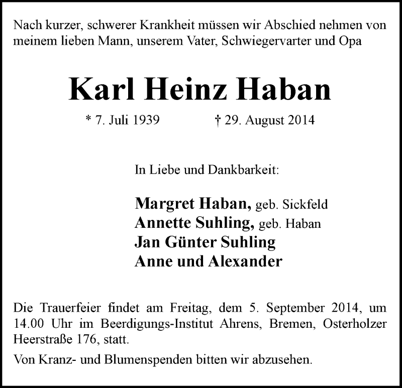 Traueranzeige von Karl Heinz Haban von WESER-KURIER