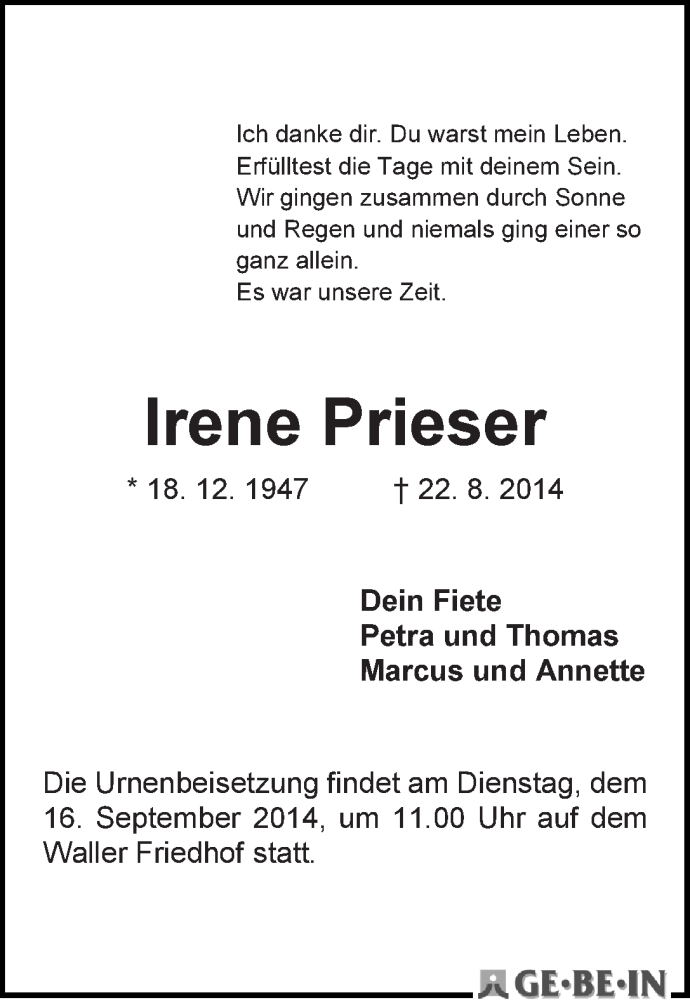 Traueranzeige von Irene Prieser von WESER-KURIER