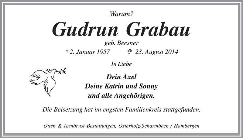 Traueranzeige von Gudrun Grabau von Osterholzer Kreisblatt