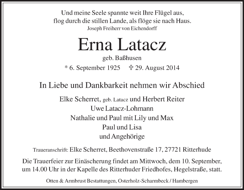 Traueranzeige von Erna Latacz von Osterholzer Kreisblatt
