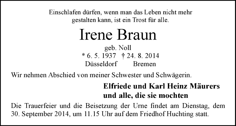 Traueranzeige von Irene Braun von WESER-KURIER