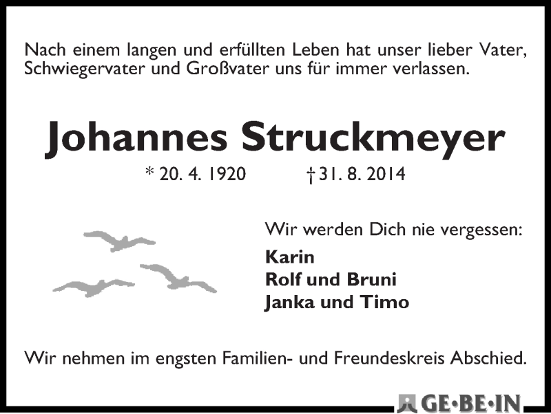 Traueranzeige von Johannes Struckmeyer von WESER-KURIER