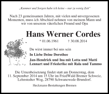 Traueranzeige von Hans Werner Cordes