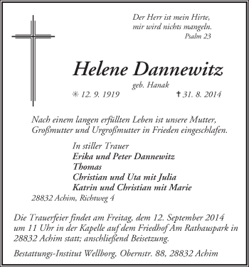Traueranzeige von Helene Dannewitz