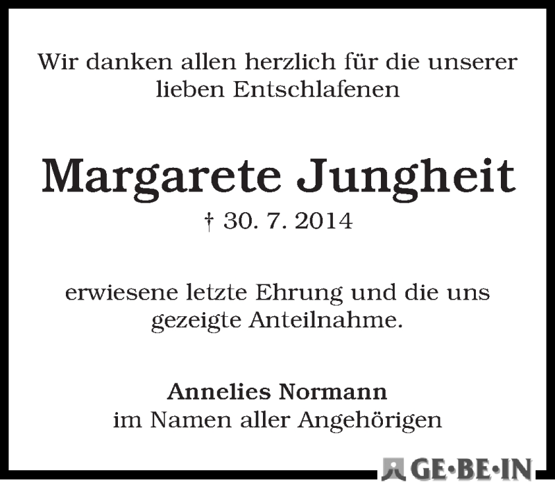 Traueranzeige von Margarete Jungheit von WESER-KURIER