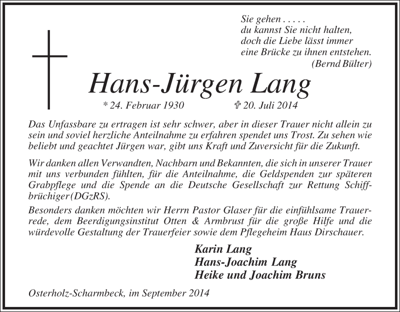 Traueranzeige von Hans-Jürgen Lang von Osterholzer Kreisblatt
