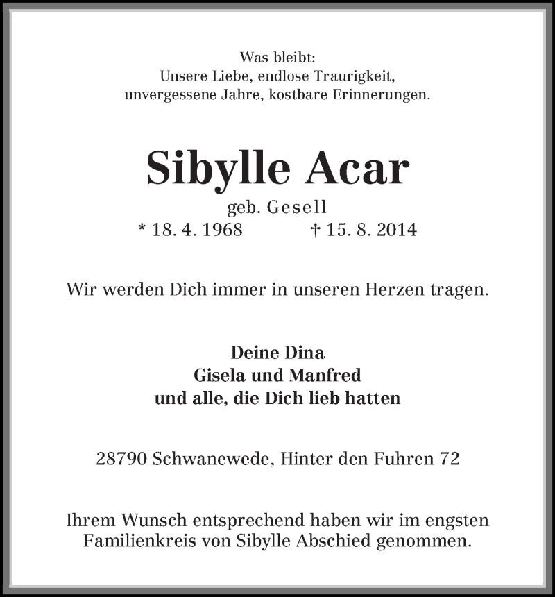  Traueranzeige für Sibylle Acar vom 04.09.2014 aus Die Norddeutsche