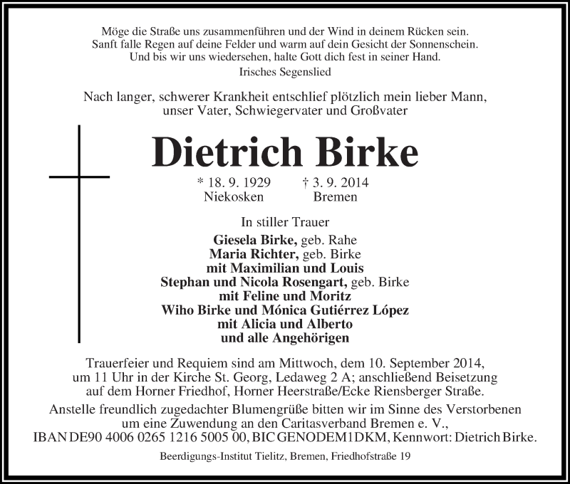 Traueranzeige von Dietrich Birke von WESER-KURIER