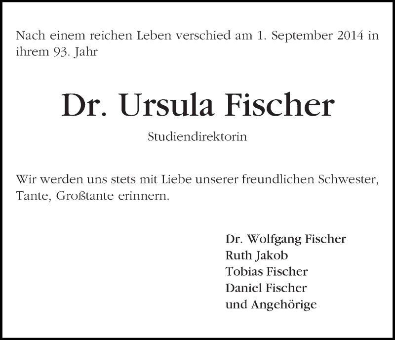 Traueranzeige von Ursula Fischer von WESER-KURIER