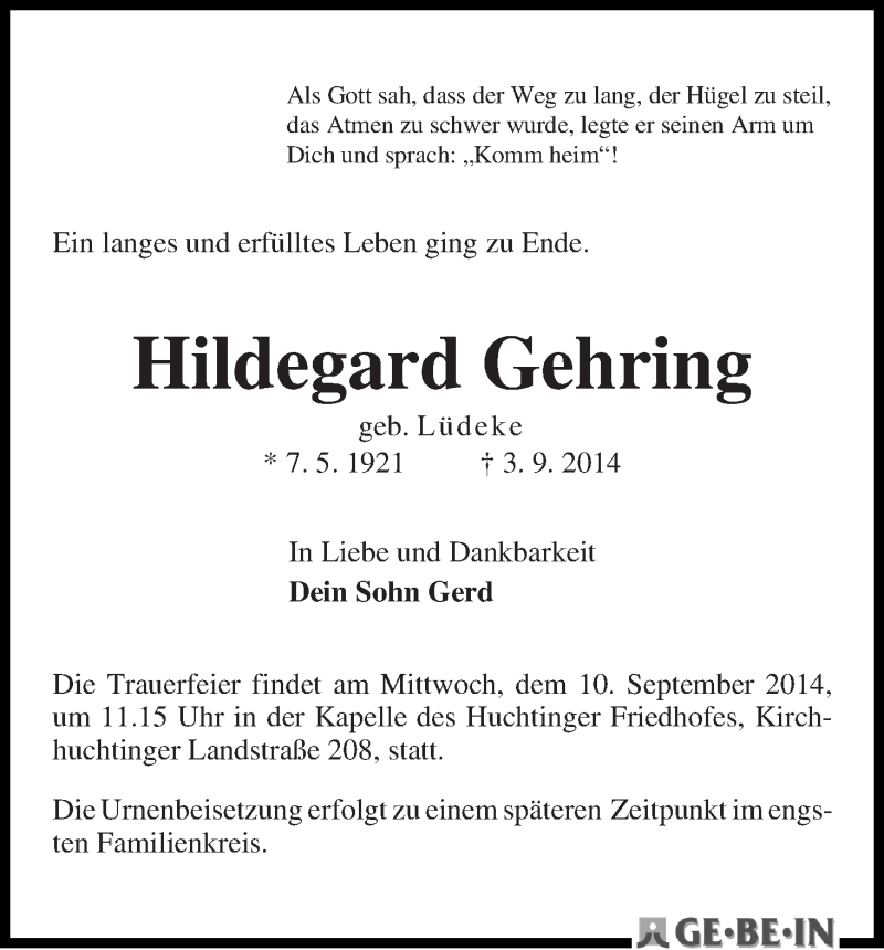 Traueranzeige von Hildegard Gehring von WESER-KURIER