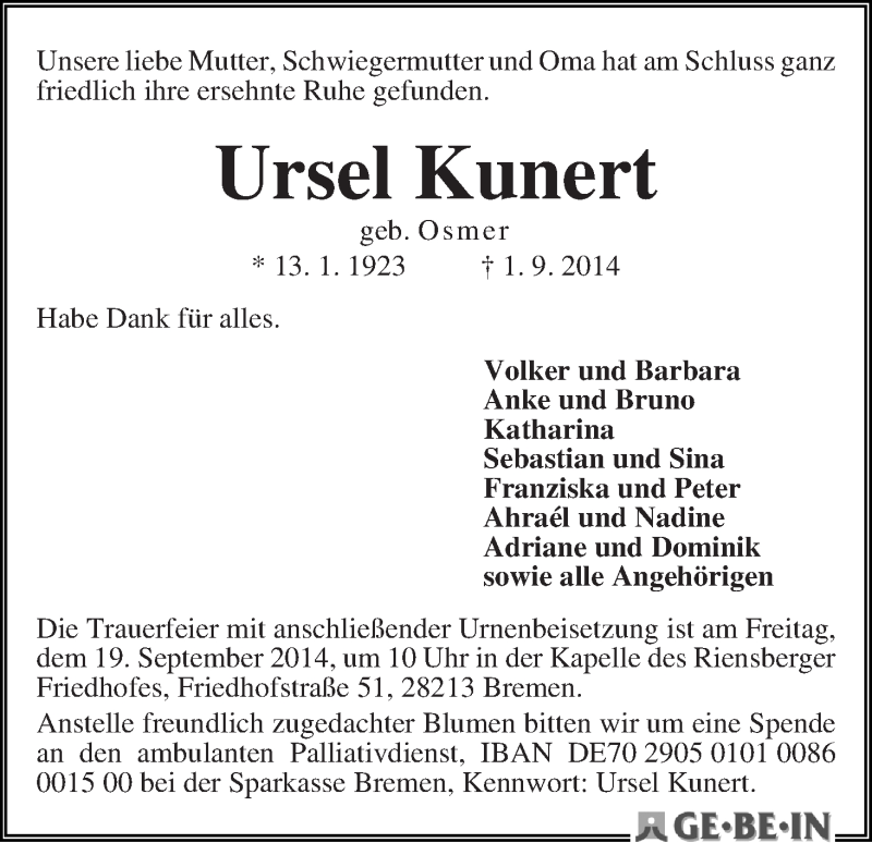 Traueranzeige von Ursel Kunert von WESER-KURIER
