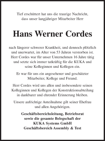 Traueranzeige von Hans Werner Cordes