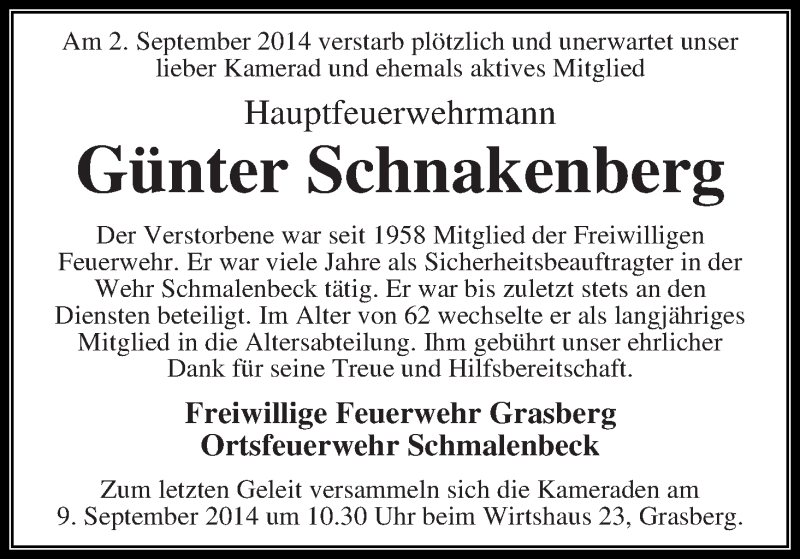  Traueranzeige für Günter Schnakenberg vom 05.09.2014 aus Wuemme Zeitung