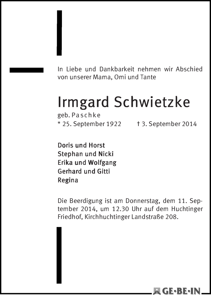 Traueranzeige von Irmgard Schwietzke von WESER-KURIER