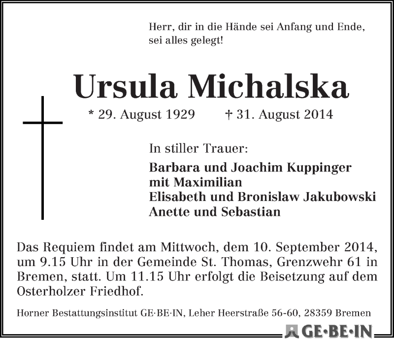 Traueranzeige von Ursula Michalska von WESER-KURIER