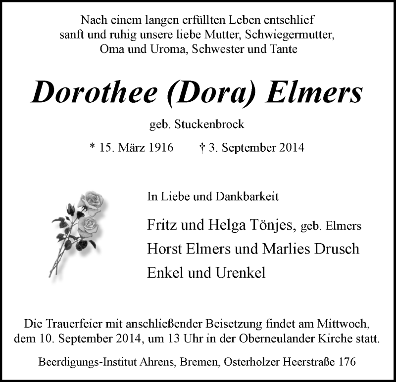Traueranzeige von Dorothee (Dora) Elmers von WESER-KURIER