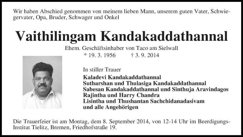 Traueranzeige von Vaithilingam Kandakaddathannal von WESER-KURIER