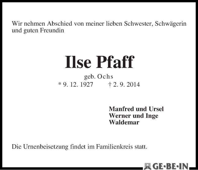 Traueranzeige von Ilse Pfaff von WESER-KURIER