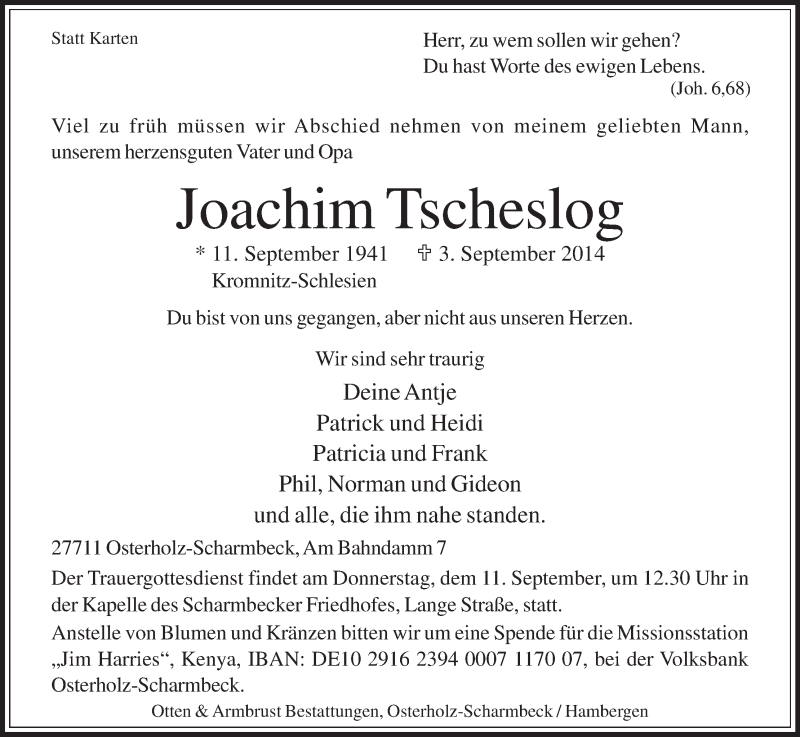 Traueranzeige von Joachim Tscheslog von Osterholzer Kreisblatt