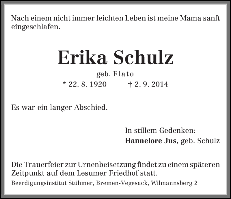  Traueranzeige für Erika Schulz vom 06.09.2014 aus WESER-KURIER