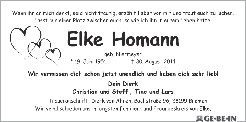 Traueranzeige von Elke Homann von WESER-KURIER