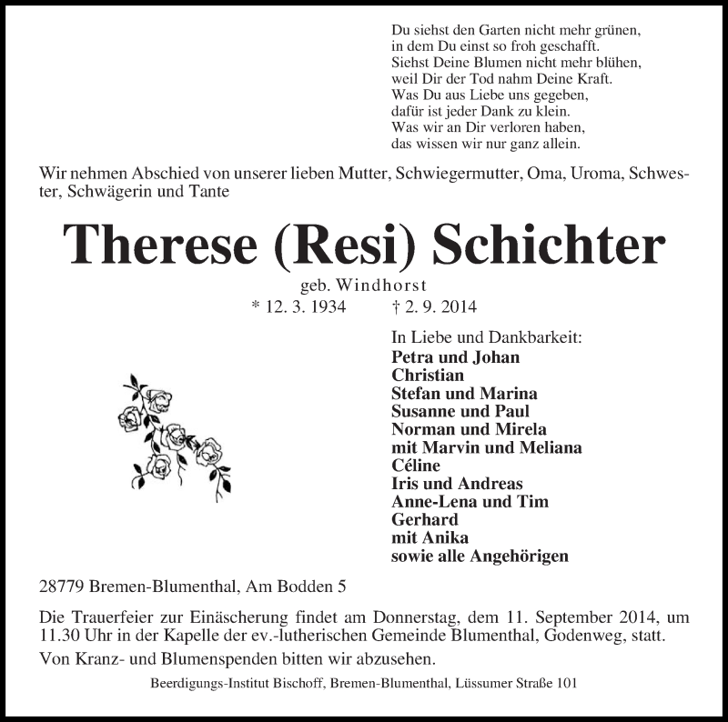 Traueranzeige von Therese (Resi) Schichter von Die Norddeutsche
