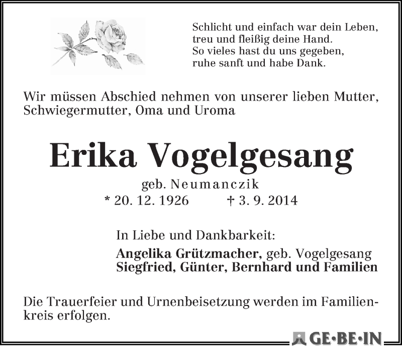 Traueranzeige von Erika Vogelgesang von WESER-KURIER