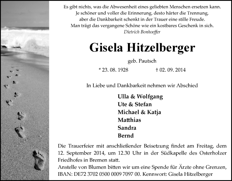 Traueranzeige von Gisela Hitzelberger von WESER-KURIER