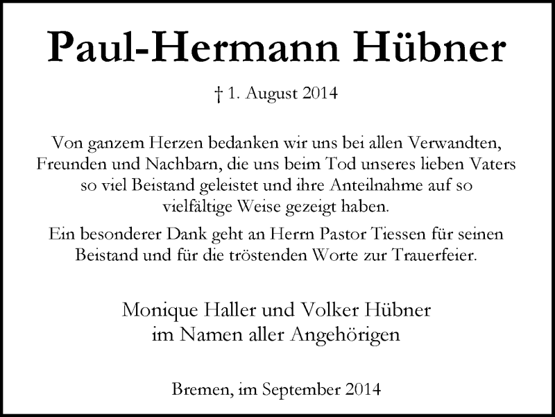 Traueranzeige von Paul-Hermann Hübner von WESER-KURIER