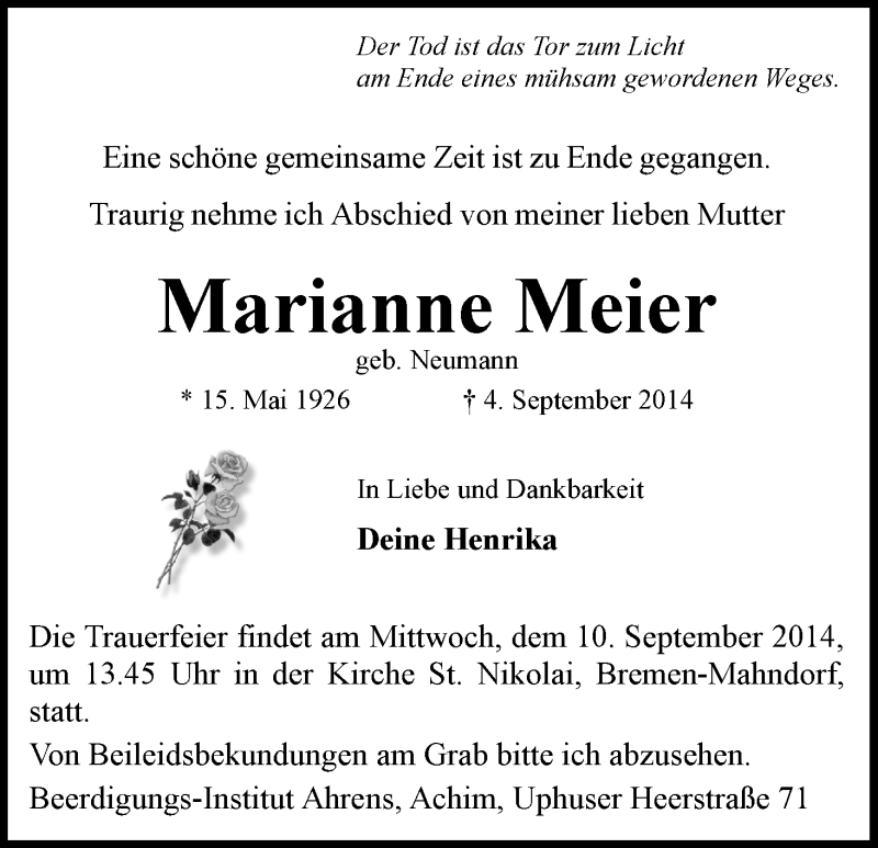Traueranzeige von Marianne Meier von WESER-KURIER