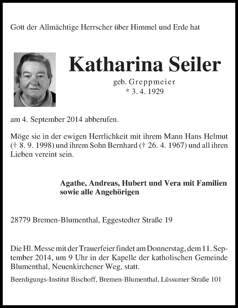 Traueranzeige von Katharina Seiler von Die Norddeutsche