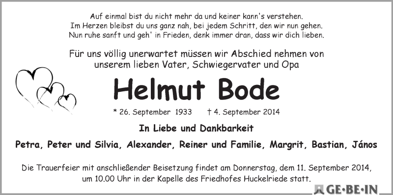 Traueranzeige von Helmut Bode von WESER-KURIER