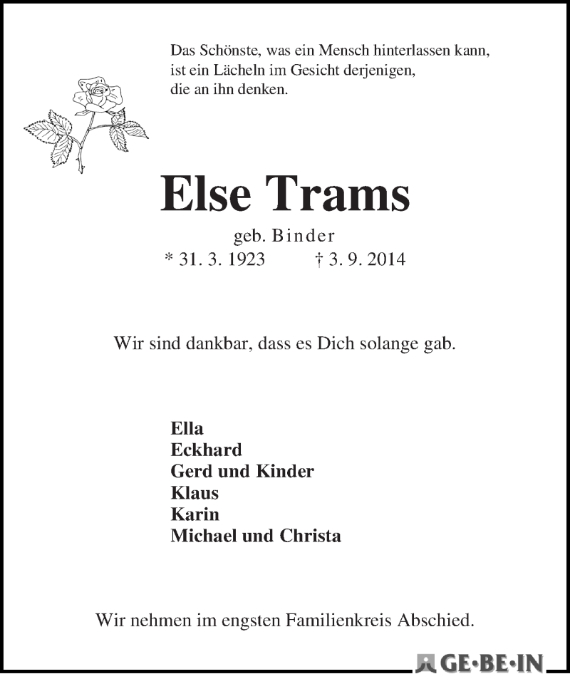 Traueranzeige von Else Trams von WESER-KURIER