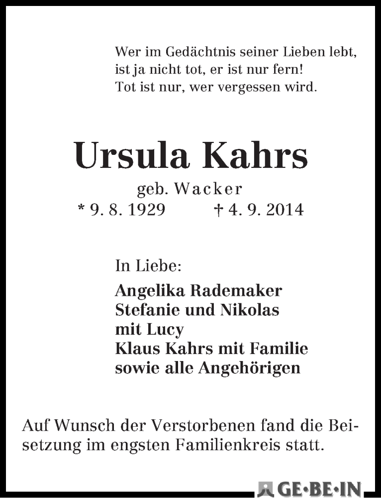 Traueranzeige von Ursula Kahrs von WESER-KURIER