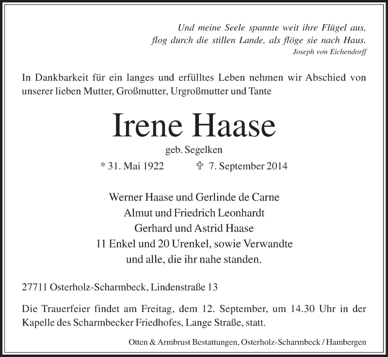 Traueranzeige von Irene Haase von Osterholzer Kreisblatt